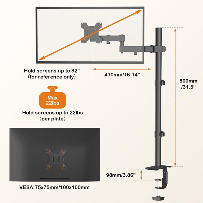 Bracwiser Single Fully Adjustable Standing Height Monitor Arm Stand Mount 800mm Tall for Monitor Computer Screen 13 15 17 19 20 22 23 24 26 27 30 32 inch VESA 75 100 (MD7821) - Image 3